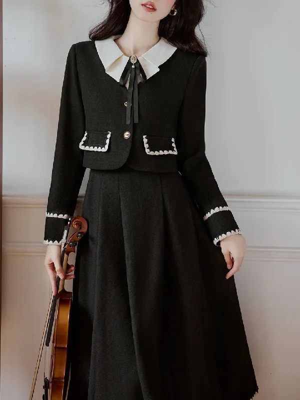 2PS Black Fake Collar Tweed Top And Swing Skirt 1950s Vintage Suit silk skirt luxurious