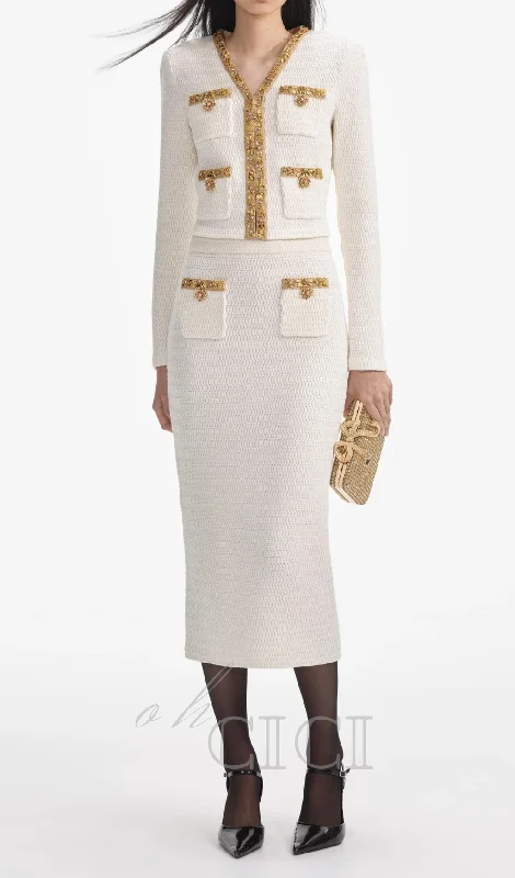 cream lurex knit cardigan and midi skirt two piece set corduroy skirt comfortable