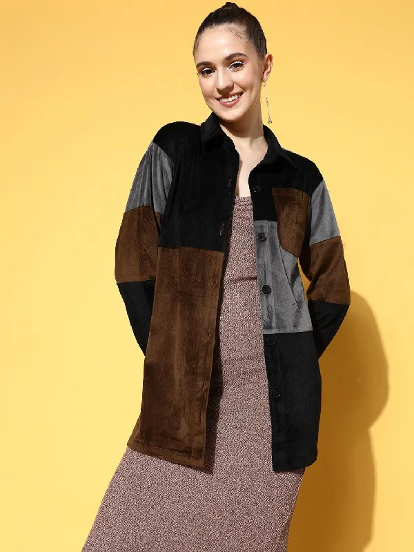 Berrylush Women Brown, Grey, & Black Colourblock Printed Spread Collar Neck Button Front Jacket Bomber Jacket Anorak Windbreaker Berrylush Women Brown, Grey, & Black Colourblock Printed Spread Collar Neck Button Front Jacket Bomber Jacket Anorak Windbreaker