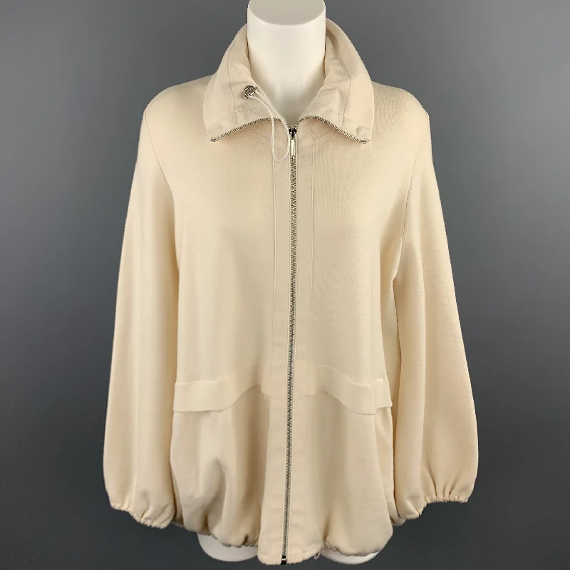 AKRIS Size 14 Cream Wool Blend Jacket High Neck Sweater Jacket Solid Color Striped Floral Print AKRIS Size 14 Cream Wool Blend Jacket High Neck Sweater Jacket Solid Color Striped Floral Print