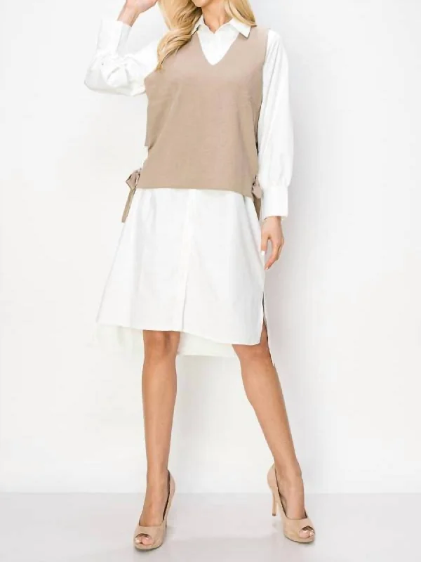 Whema Woven Shirt Dress With Detachable Sweater Knitted Vest In Khaki White Wool Sweater Cotton Sweater Cashmere Sweater