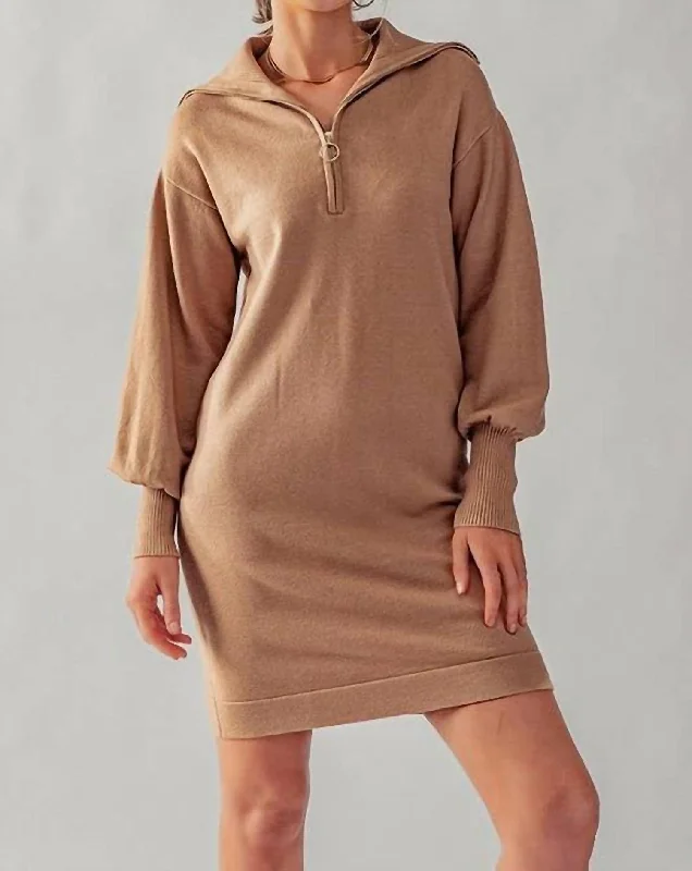 Quarter Zip Sweater Dress In Tan Ribbed Striped Patterned