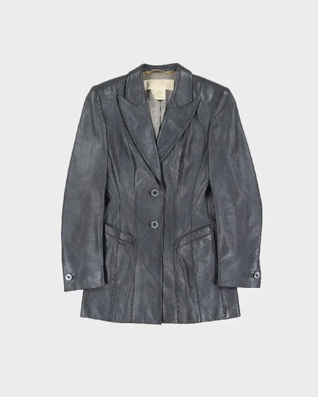 Escada Silver Metallic Leather Blazer Jacket - XS Welt Pockets Slit Pockets Flap Pockets Escada Silver Metallic Leather Blazer Jacket - XS Welt Pockets Slit Pockets Flap Pockets