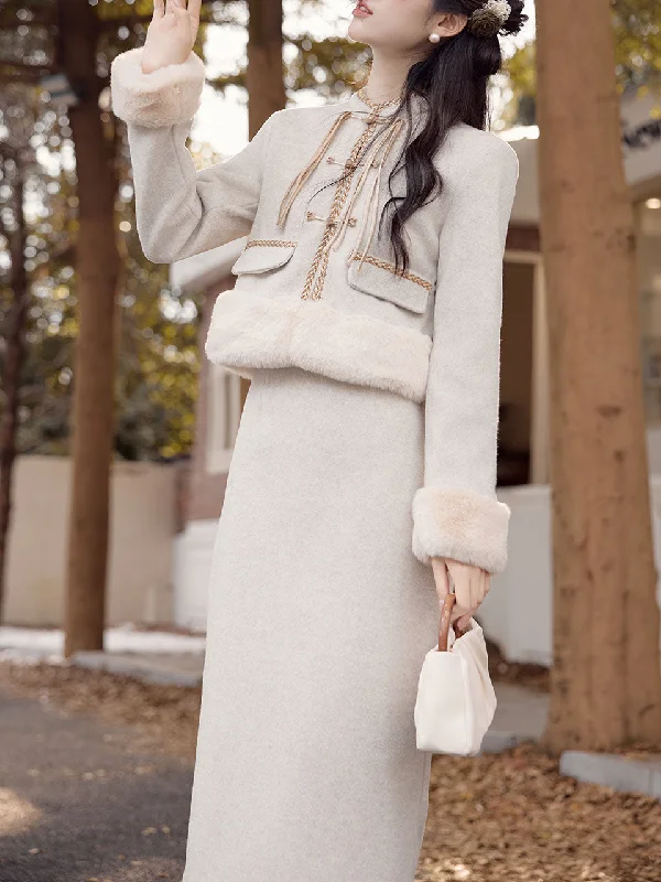 2PS Apricot Warm Thickened Top and Skirt Suit With Fake Fur Hem leather skirt modern