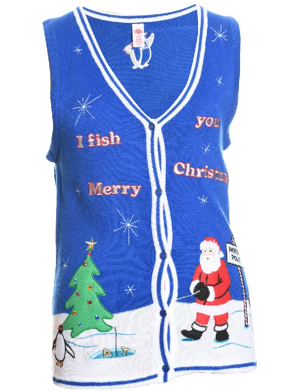 Santa Claus Christmas Sweater Vest - S Beaded Sweater Sequined Faux Fur