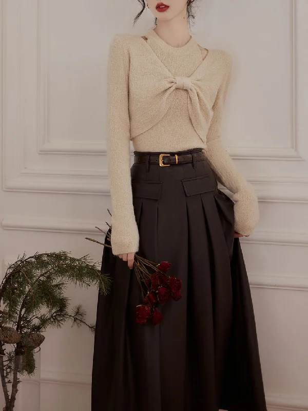 2PS Apricot Sweater And Pleated Swing Skirt 1950S Vintage Outfits lace skirt feminine