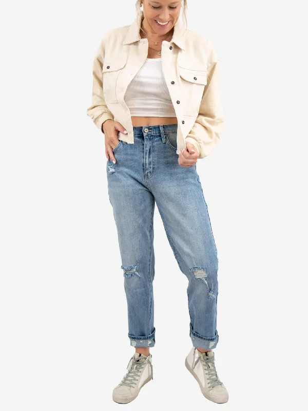 Denim Look Cream Cropped Jacket Hooded Jacket Caped Jacket Shawl Collar Jacket
