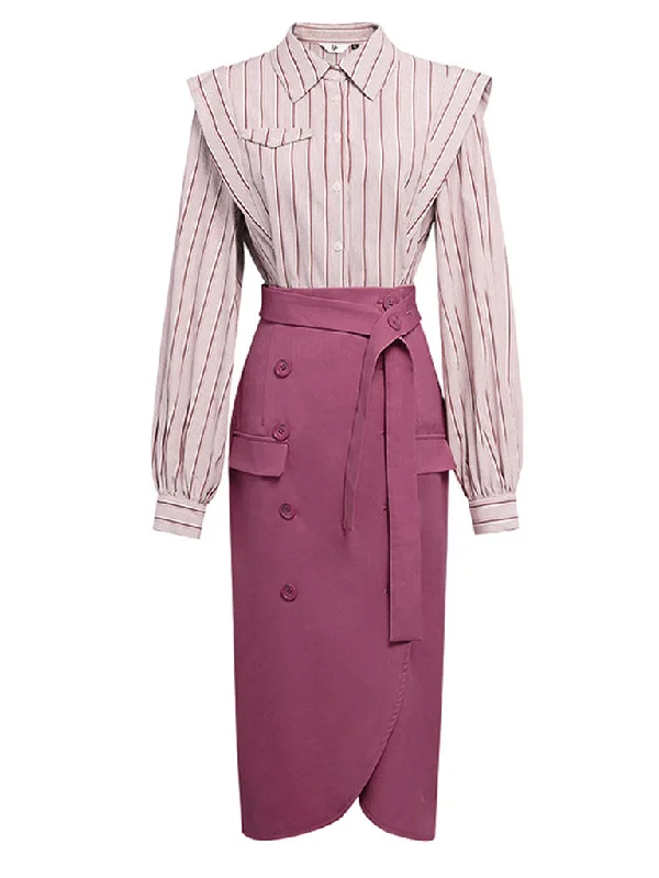 2PS Pink Vertical Stripes 1950S Vintage Classic Top And Rose High Waist Skirt Suit wool skirt breathable