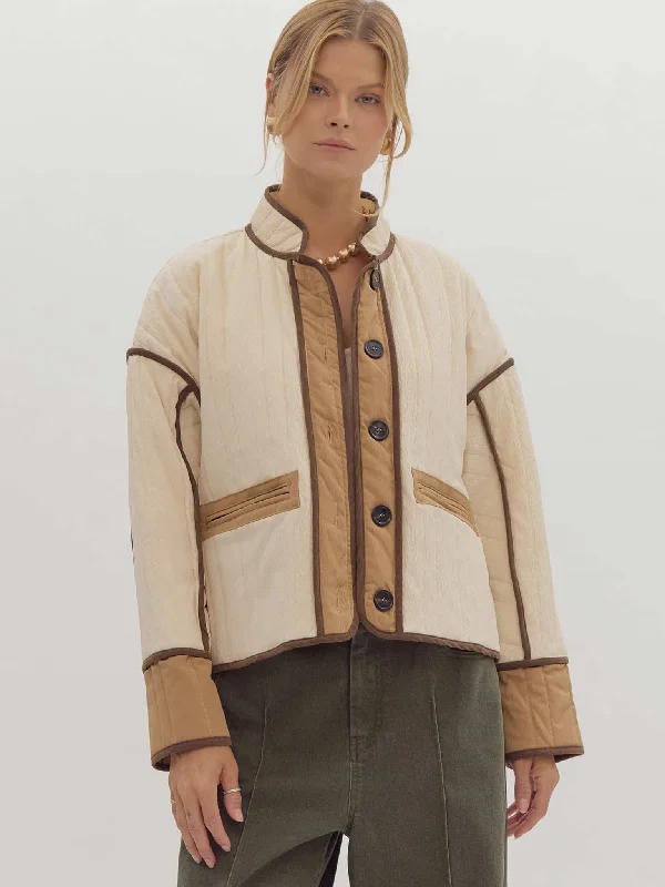 Quilted Cropped Jacket with Contrast Trim Welt Pockets Slit Pockets Flap Pockets