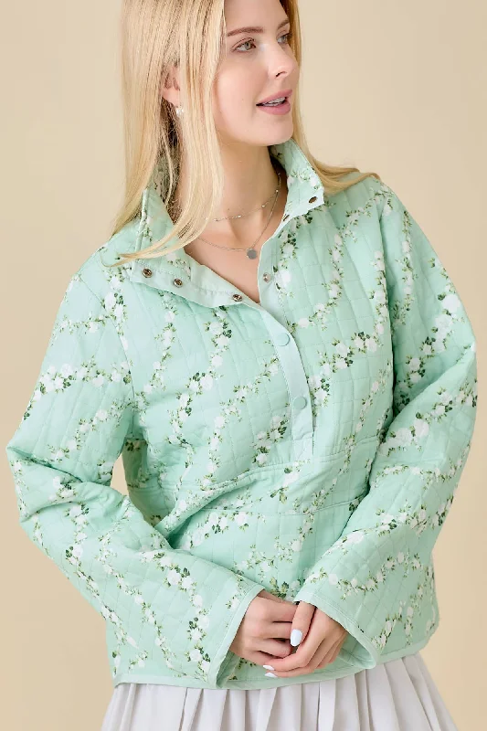 Main Strip - Half Snap Button Quilted Jacket With Floral Print Nylon Jacket Polyester Jacket Spandex Jacket Main Strip - Half Snap Button Quilted Jacket With Floral Print Nylon Jacket Polyester Jacket Spandex Jacket
