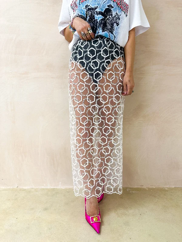 Sheer Sequin Detail Midi Skirt In White patchwork skirt art