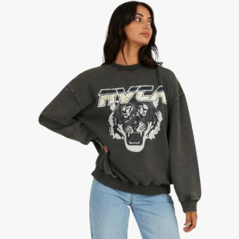Rvca Womens Jungle Cat Crew Sweater Black Soft Cozy Warm