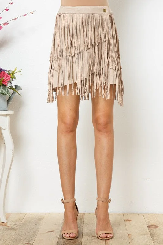 AAA Faux Suede Studded Fringe Skirt denim skirt trendy