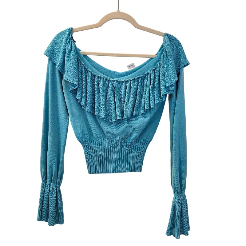 Cache Silk Blend Ruffle Trim Off-the-Shoulder Crop Sweater Size Large/Medium Embroidered Appliqued Beaded