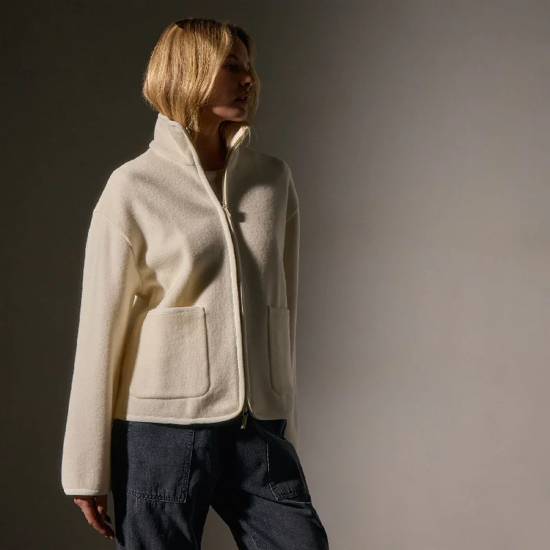 Wool Jersey Zip Up Jacket - Ivory Snapped Jacket Toggled Jacket Drawstring Jacket