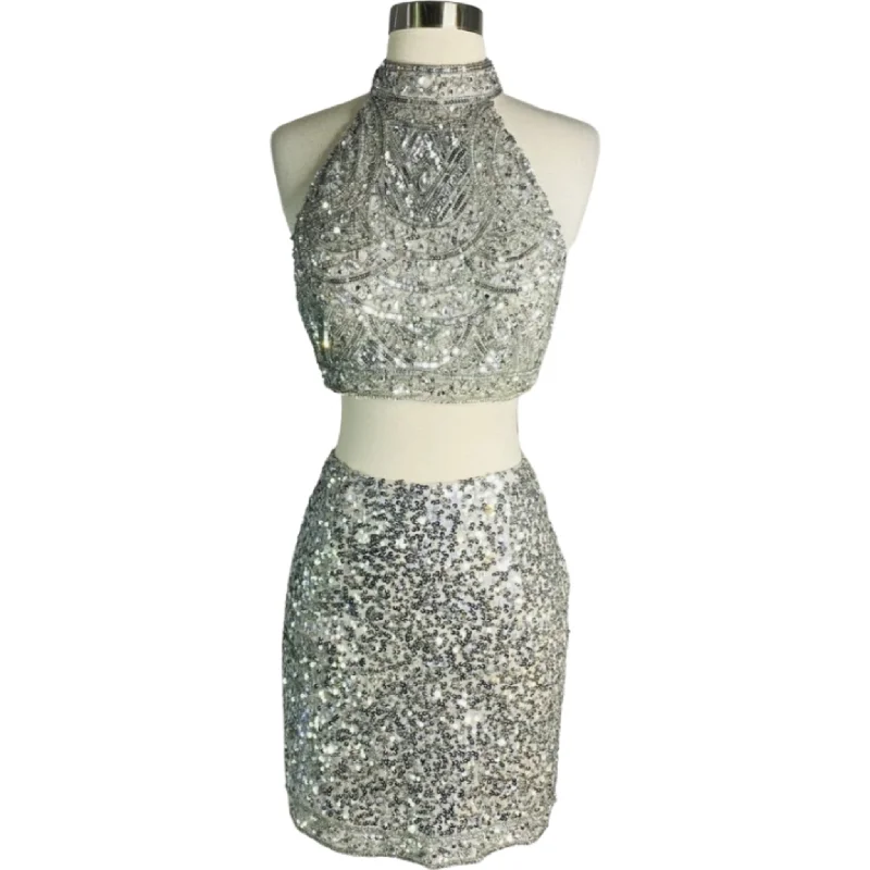 SCALA C25398A Silver Sequin Embellished Two-Piece Halter Skirt Set Size 6 lace skirt delicate