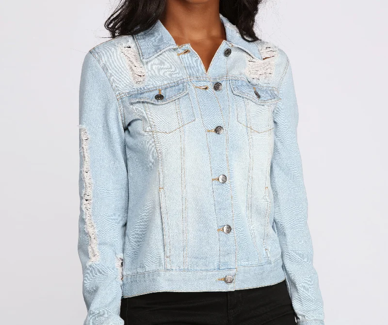 Edgy Distressed Denim Jacket Anorak Shell Jacket Lightweight Jacket