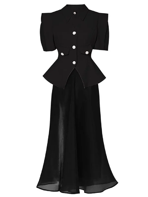 2PS Black Wasp Waist  Puff Sleeve Top And Organza Skirt Set leather skirt bold
