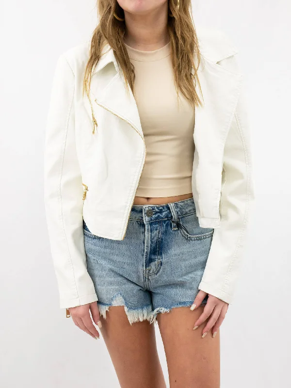 White Leather Moto Jacket Wool Fabric Cashmere Fabric Tweed Fabric