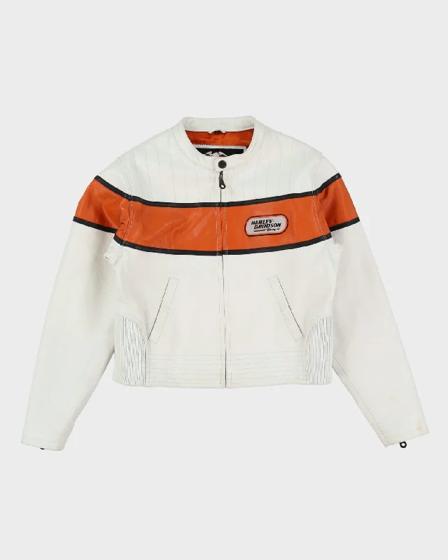 Vintage 90s Harley Davison White / Orange Leather Biker Jacket - L Lace Jacket Ribbed Jacket Sequined Jacket Vintage 90s Harley Davison White / Orange Leather Biker Jacket - L Lace Jacket Ribbed Jacket Sequined Jacket