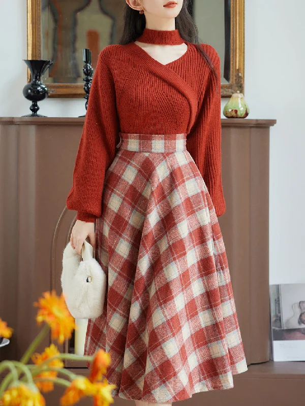 2PS Red Sweater And Scottish Plaid Swing Skirt 1950S Vintage Audrey Hepburn's Style Outfits denim skirt stylish 2PS Red Sweater And Scottish Plaid Swing Skirt 1950S Vintage Audrey Hepburn's Style Outfits denim skirt stylish