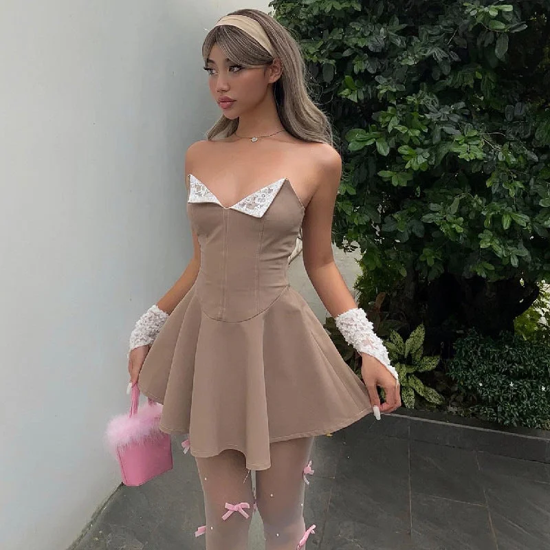 Sweet and spicy style V-neck low-cut slim A-line skirt high waist skirt