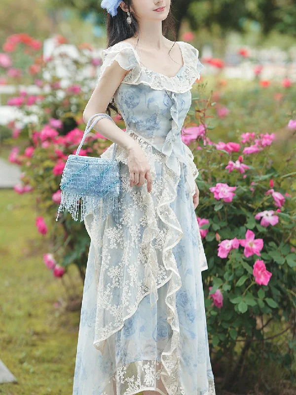 2PS Blue Square Collar Lace Floral Print Sleeveless Top With Skirt Vintage 1950S Suit wool skirt sturdy