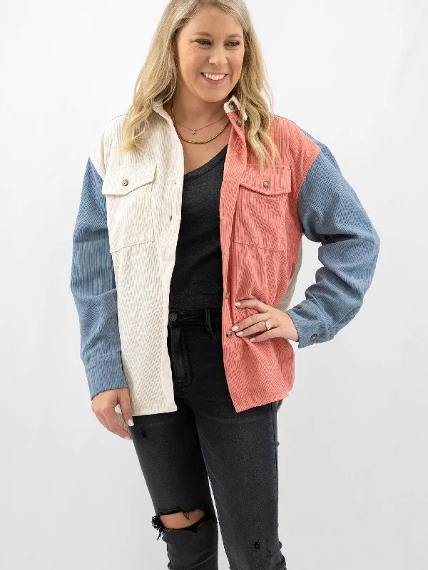 Colorblock Corduroy Jacket Insulated Jacket Fitted Jacket Loose Jacket