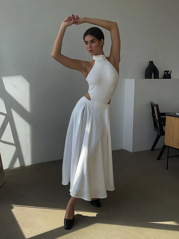 Blue Zone Planet |  Elegant high-waisted white satin maxi skirt flowy skirt hem