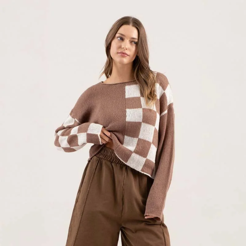 Checkerboard Sleeve Sweater Embroidered Appliqued Beaded