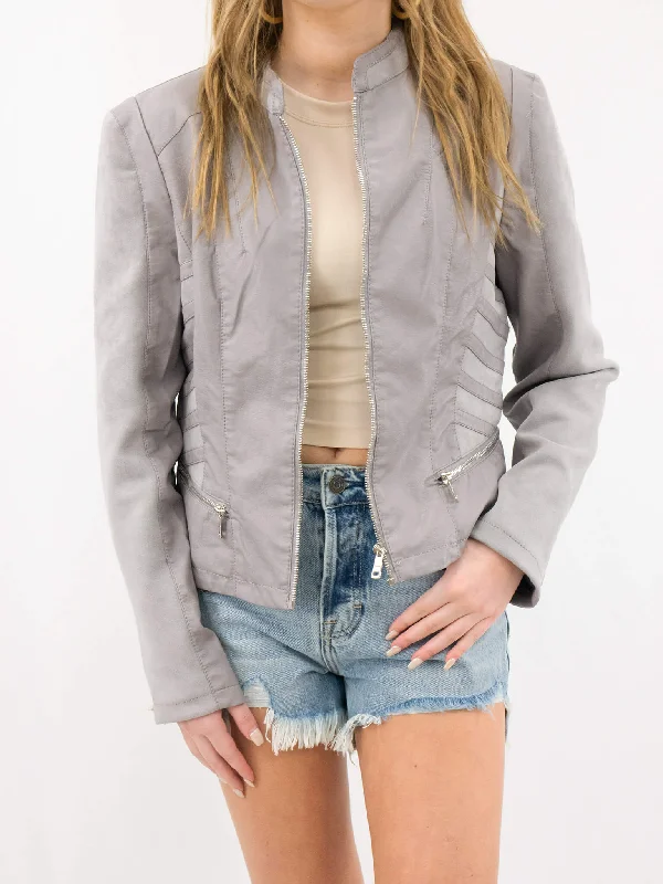 Gray Faux Leather Moto Jacket Front Pockets Side Pockets Patch Pockets