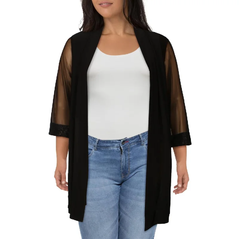 R&M Richards Womens Plus Mesh Sleeves Open Front Jacket Notch Collar Peter Pan Collar Cowl Neck