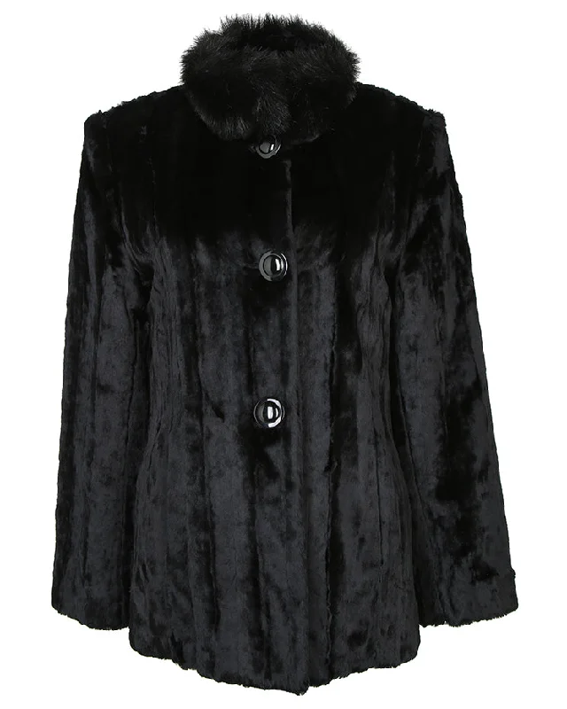 Simon Chang Black Faux Fur Jacket - M Tiered Jacket Buttoned Jacket Zippered Jacket Simon Chang Black Faux Fur Jacket - M Tiered Jacket Buttoned Jacket Zippered Jacket