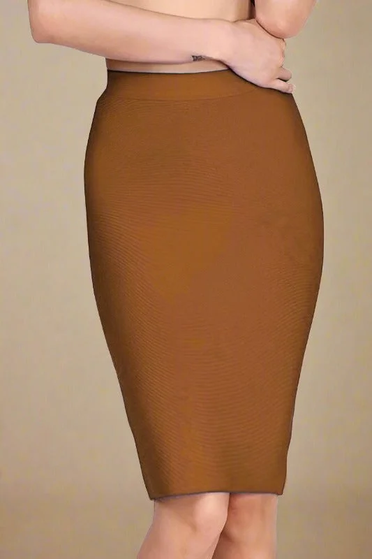 Pencil High Waist Bandage Knee Length Skirt - Tan Brown denim skirt classic