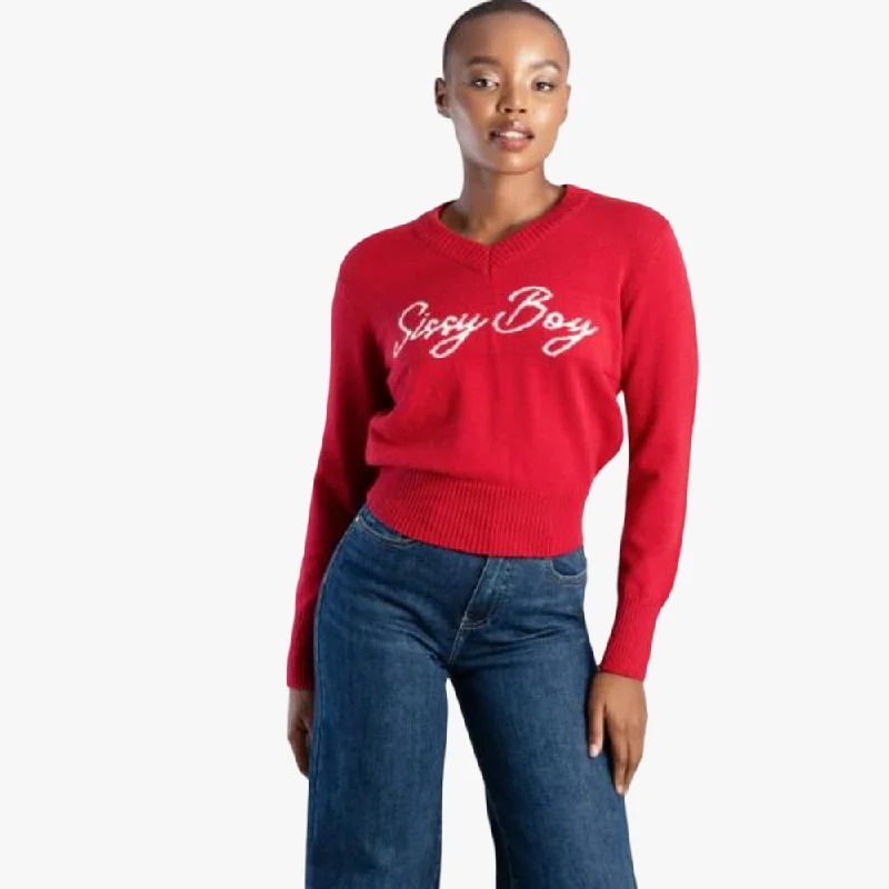 Sissy Boy Womens V Neck Logo Knit Sweater Red Fleece Fabric Down Fabric Feather Fabric Sissy Boy Womens V Neck Logo Knit Sweater Red Fleece Fabric Down Fabric Feather Fabric