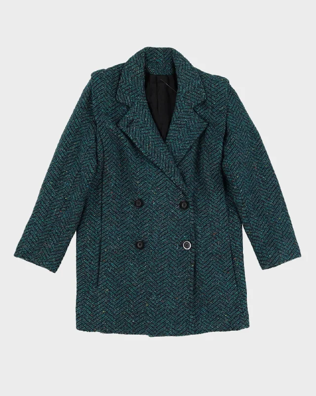 1990s Green Herringbone Wool Jacket - S Boat Neck Shawl Collar Notched Collar