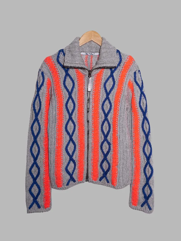 Dirk Bikkembergs 1990s grey blue fluorescent orange wool knit zip jacket - M Tailored Jacket Straight Jacket A-Line Jacket