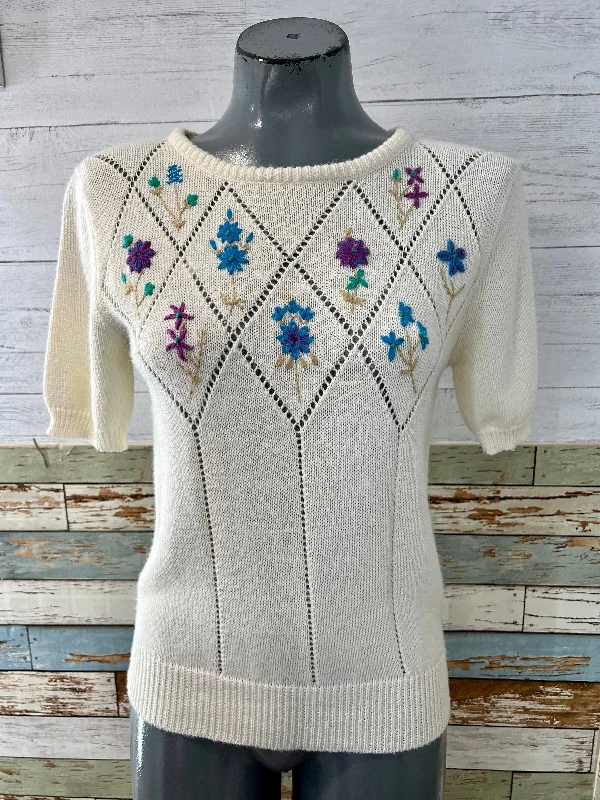 80s Embroiled flowers Knit Sleeve Sweater Mesh Blend Leather Blend Suede Blend
