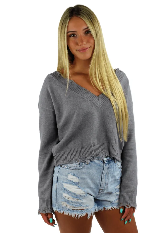 Rock N Rags - "Sweet Life" Sweater - Grey - Distressed Cozy Mesh Fabric Canvas Fabric Denim Fabric