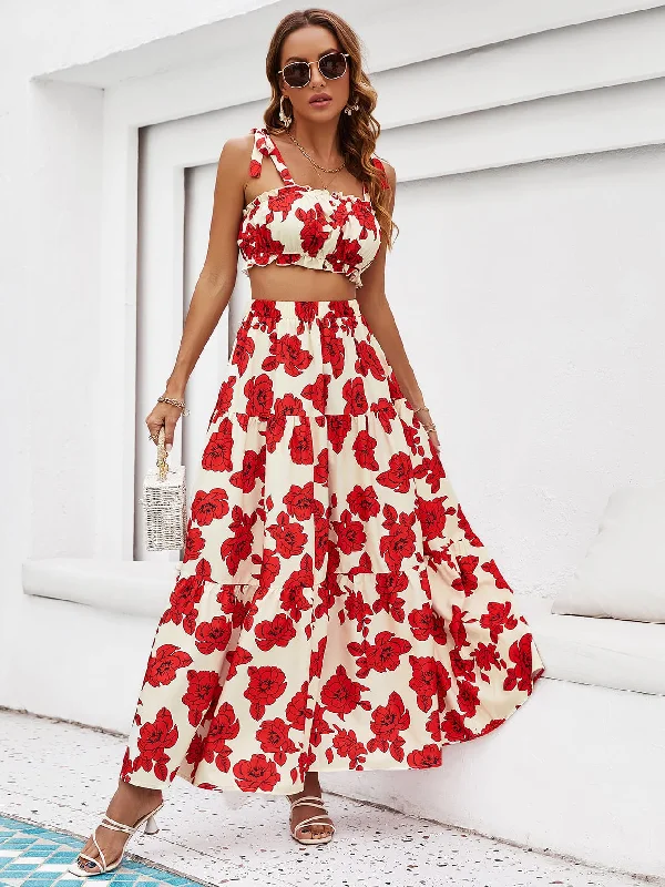 Floral Tie Shoulder Top and Tiered Maxi Skirt Set midi skirt versatile