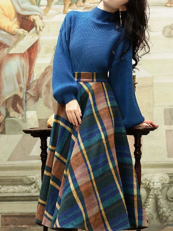 2PS Blue Sweater And Plaid Swing Skirt 1950S Vintage Audrey Hepburn's Style Outfits leather skirt refined 2PS Blue Sweater And Plaid Swing Skirt 1950S Vintage Audrey Hepburn's Style Outfits leather skirt refined