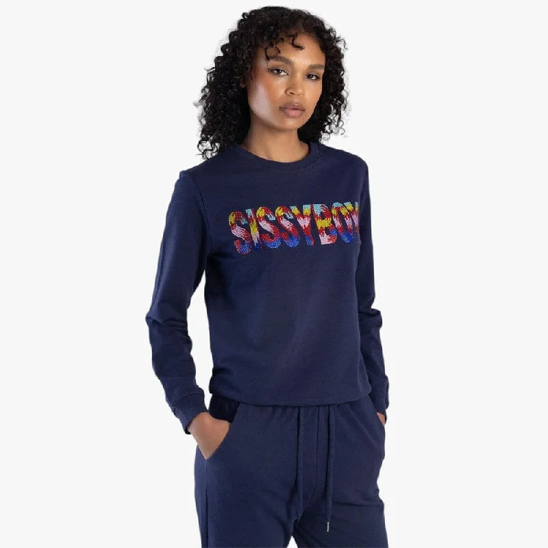 Sissy Boy Womens Colourful Bling Logo Sweater Navy Mesh Blend Leather Blend Suede Blend Sissy Boy Womens Colourful Bling Logo Sweater Navy Mesh Blend Leather Blend Suede Blend