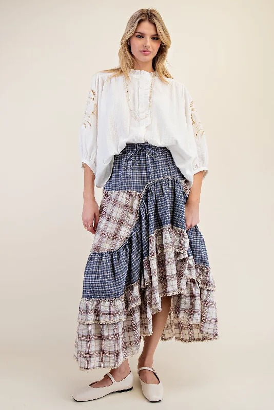 Easel Plaid Mix Crochet Tape Ruffle Skirt satin skirt smooth