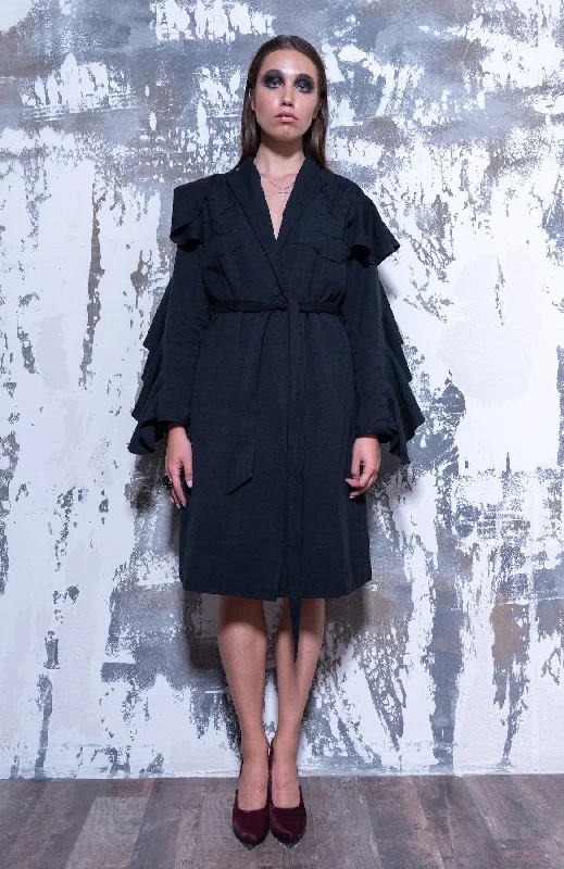 Belted Double Ruffled Sleeve Jacket Dress - Dag Dai Knit Jacket Woven Jacket Fleece Jacket Belted Double Ruffled Sleeve Jacket Dress - Dag Dai Knit Jacket Woven Jacket Fleece Jacket