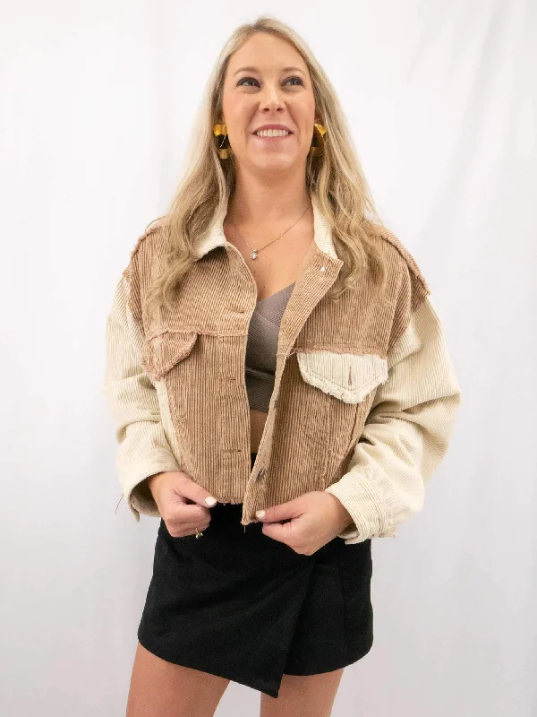 Cropped Corduroy Block Jacket Zip Front Button Front Snap Front