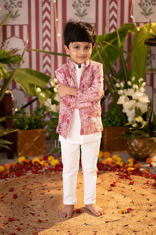 Boys Sherwani Set in Pink Velvet with Embroidered Jacket and White Kurta Pyjama for Formal Occasions Denim Jacket Leather Jacket Suede Jacket Boys Sherwani Set in Pink Velvet with Embroidered Jacket and White Kurta Pyjama for Formal Occasions Denim Jacket Leather Jacket Suede Jacket