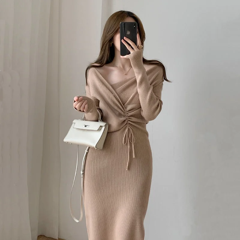 Harajuku Vintage Korean One-Piece Sweater Maxi Dresses for Women Draw String Bodycon Slim Knitted Lady Woman Dress Autumn Spandex Rayon Corduroy Harajuku Vintage Korean One-Piece Sweater Maxi Dresses for Women Draw String Bodycon Slim Knitted Lady Woman Dress Autumn Spandex Rayon Corduroy