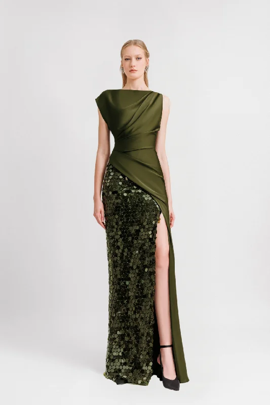 Draped Satin Gown with Sequined Skirt ruffled skirt detail