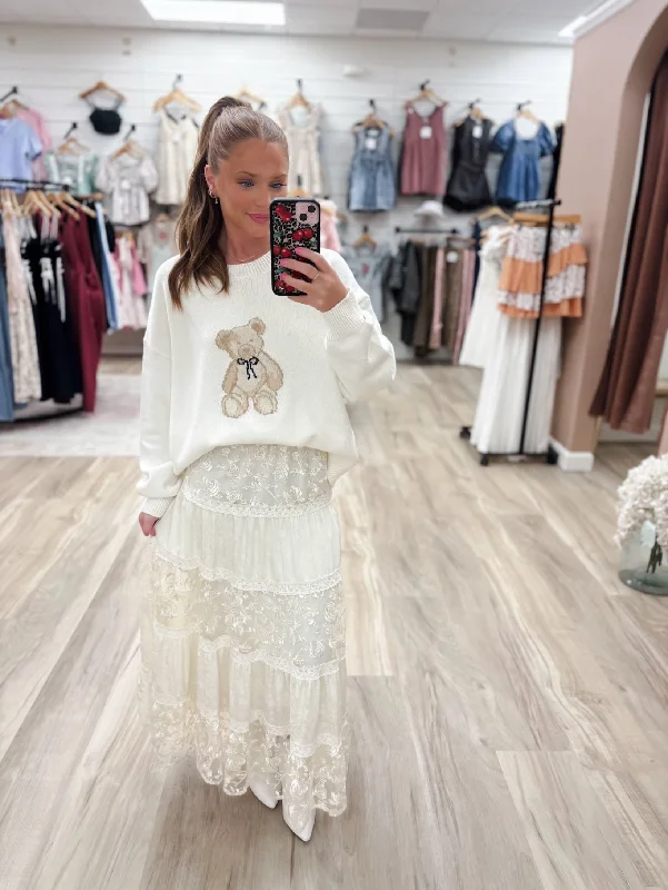 Floral Lace Tiered Cream Maxi Skirt velvet skirt luxurious