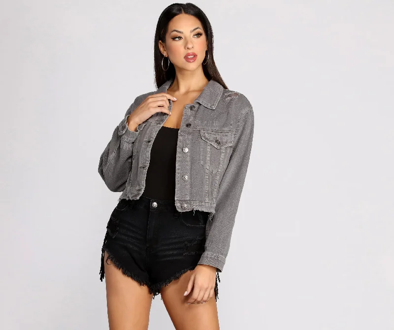 Distressed Crop Denim Jacket Knit Jacket Woven Jacket Fleece Jacket